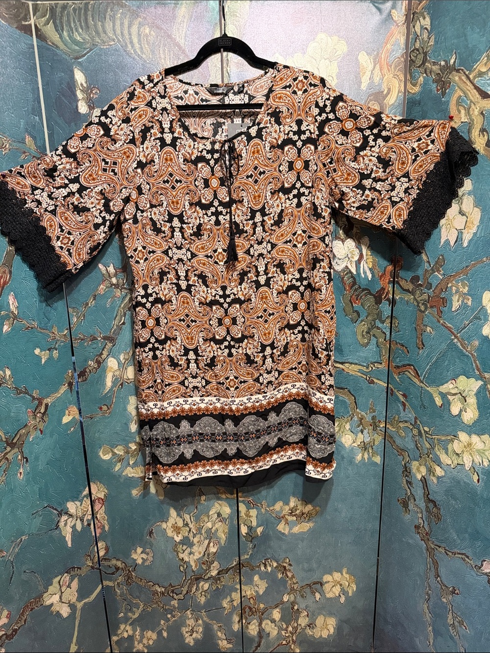 Mlle Gabrielle Black and Brown Paisley Midi Dress with Lace Trim